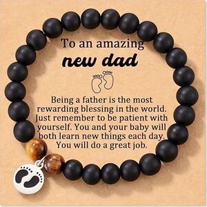 Black Onyx & Tigers Eye Stone Dad Beaded Stretch Bracelet Baby Footprint Charm